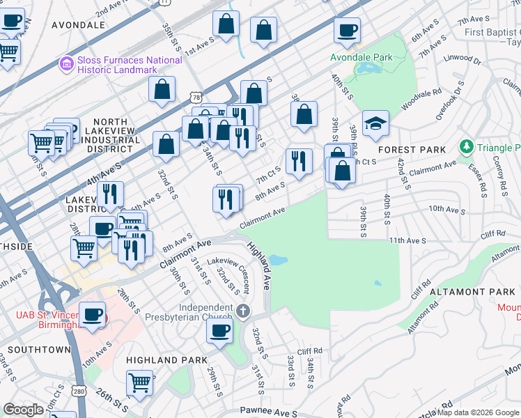 map of restaurants, bars, coffee shops, grocery stores, and more near 3420 Clairmont Avenue in Birmingham