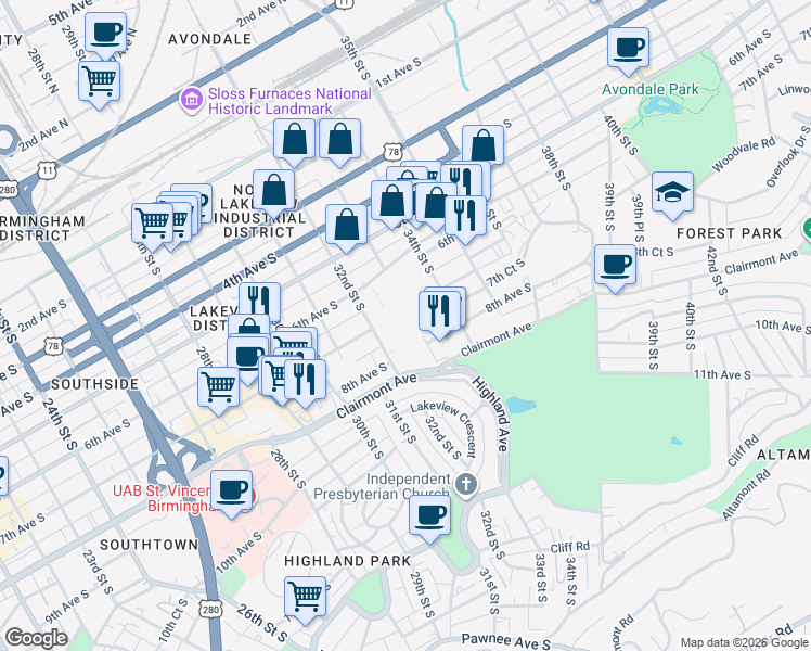 map of restaurants, bars, coffee shops, grocery stores, and more near 3200 7th Avenue South in Birmingham