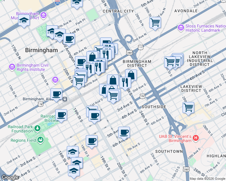 map of restaurants, bars, coffee shops, grocery stores, and more near 2200 Powell Avenue South in Birmingham