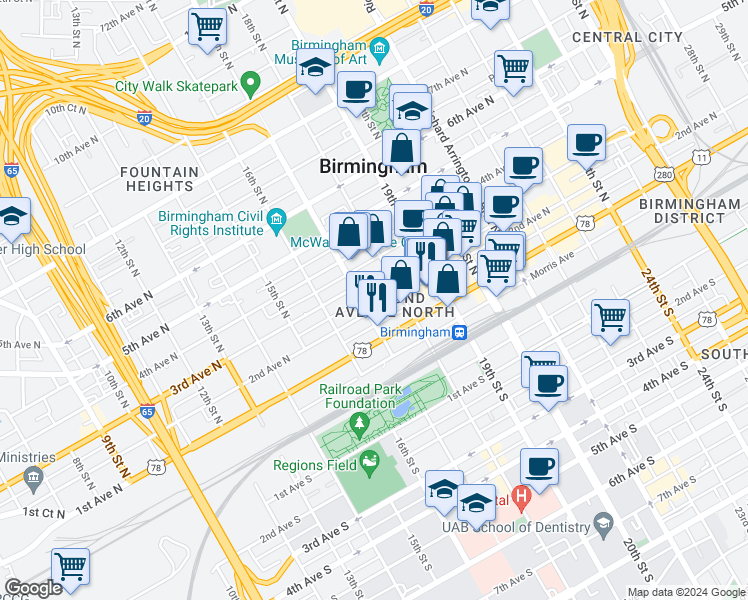 map of restaurants, bars, coffee shops, grocery stores, and more near 1700 3rd Avenue North in Birmingham