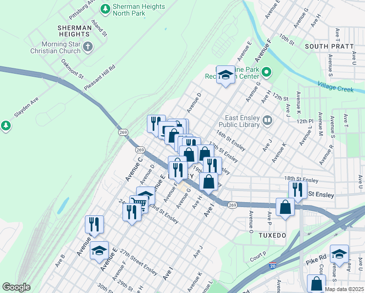 map of restaurants, bars, coffee shops, grocery stores, and more near Ave E in Birmingham