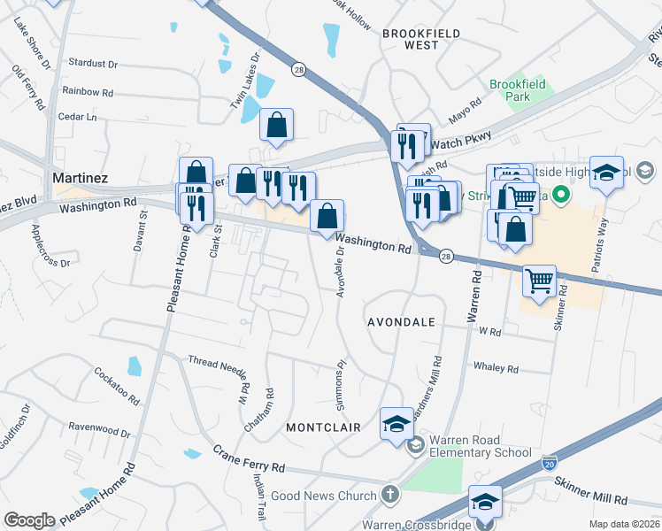 map of restaurants, bars, coffee shops, grocery stores, and more near 3230 Washington Road in Augusta