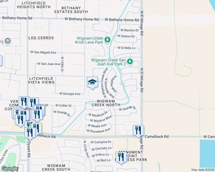 map of restaurants, bars, coffee shops, grocery stores, and more near 5439 North Ormondo Way in Litchfield Park