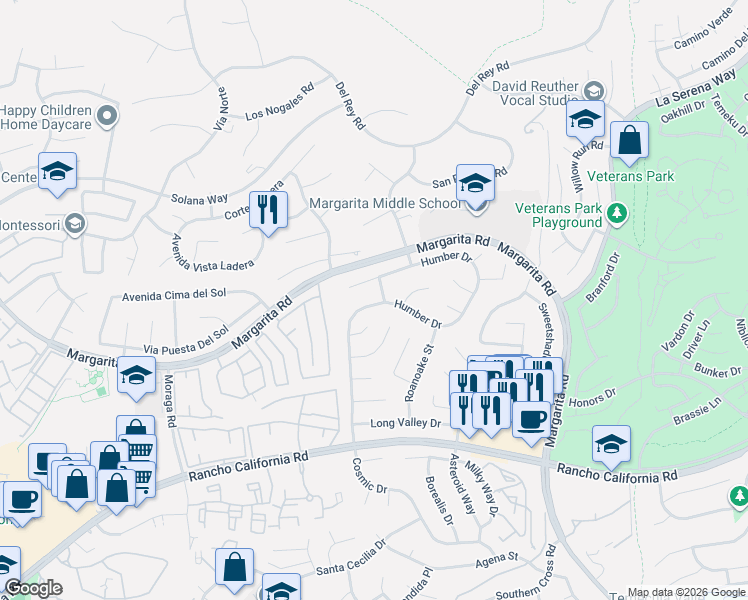map of restaurants, bars, coffee shops, grocery stores, and more near 41799 Humber Drive in Temecula