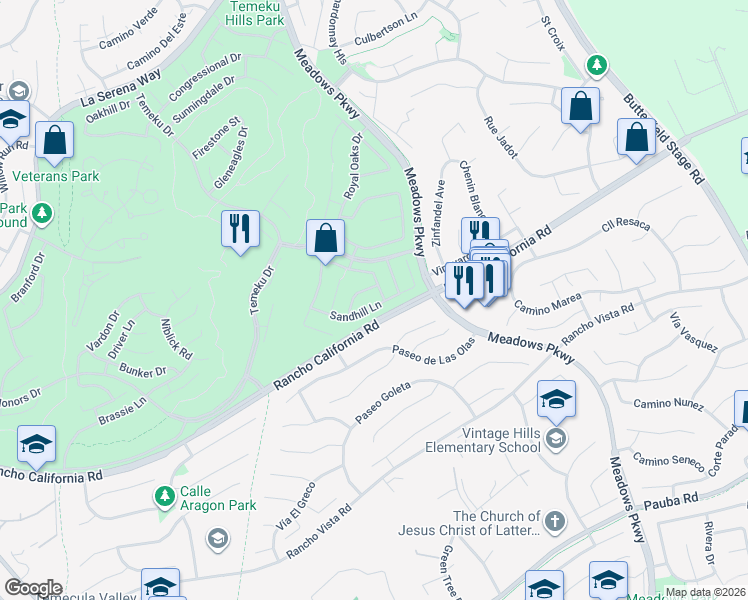 map of restaurants, bars, coffee shops, grocery stores, and more near 31638 Sandhill Lane in Temecula