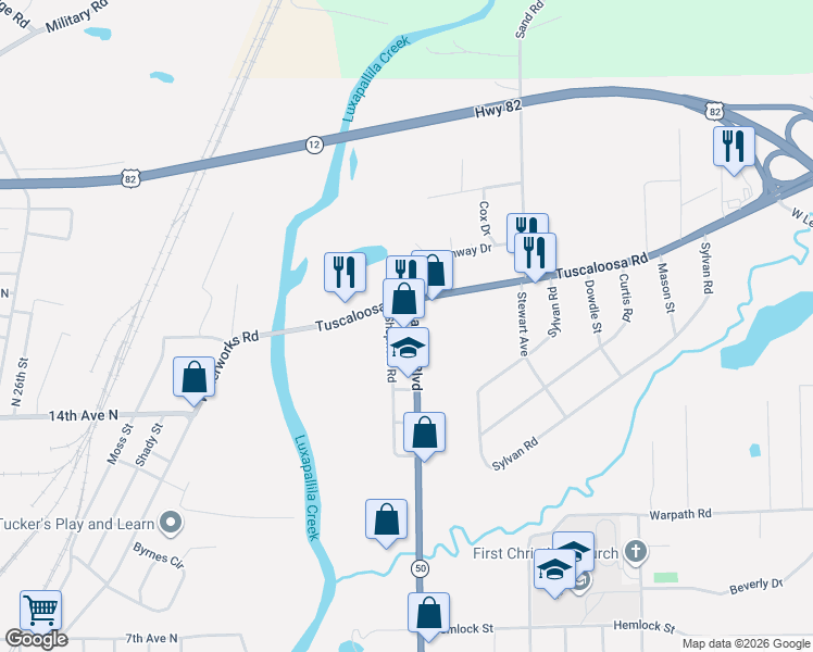 map of restaurants, bars, coffee shops, grocery stores, and more near 192-204 Tuscaloosa Road in Columbus
