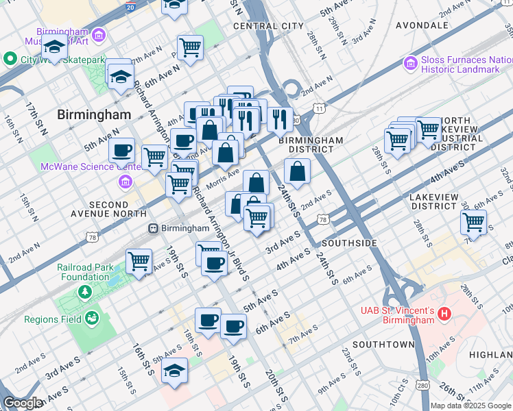 map of restaurants, bars, coffee shops, grocery stores, and more near 2200 Powell Avenue South in Birmingham