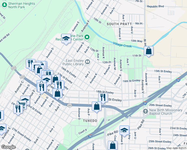 map of restaurants, bars, coffee shops, grocery stores, and more near 1326 Avenue K in Birmingham