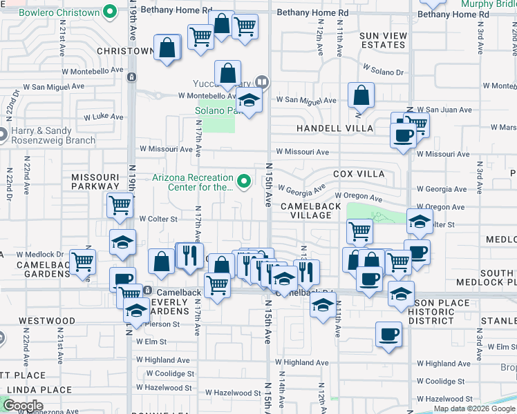 map of restaurants, bars, coffee shops, grocery stores, and more near 1518 West Colter Street in Phoenix