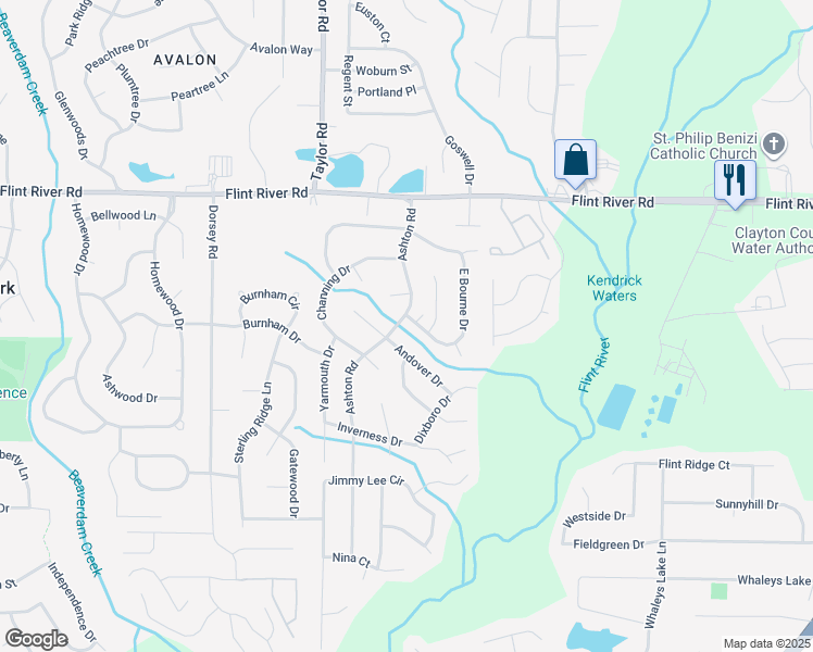 map of restaurants, bars, coffee shops, grocery stores, and more near 8828 Ashton Road in Jonesboro