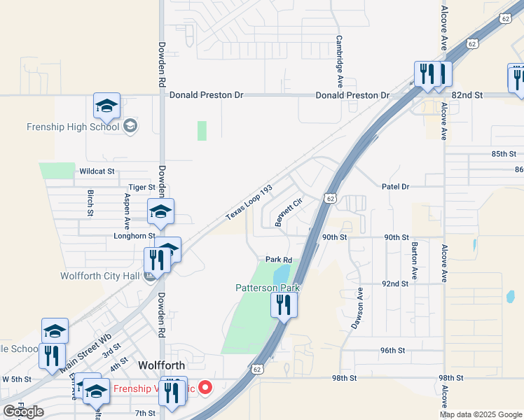 map of restaurants, bars, coffee shops, grocery stores, and more near 26 Bennett Cir in Wolfforth