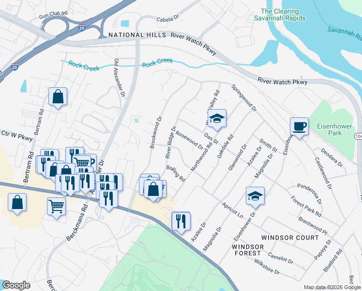 map of restaurants, bars, coffee shops, grocery stores, and more near 2720 Rosewood Drive in Augusta