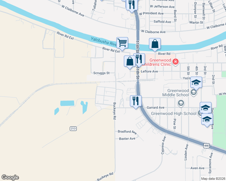map of restaurants, bars, coffee shops, grocery stores, and more near 402 Buckeye Road in Greenwood
