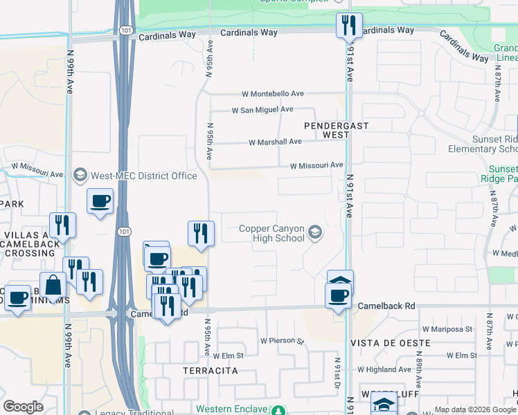 map of restaurants, bars, coffee shops, grocery stores, and more near 5454 North 93rd Avenue in Glendale