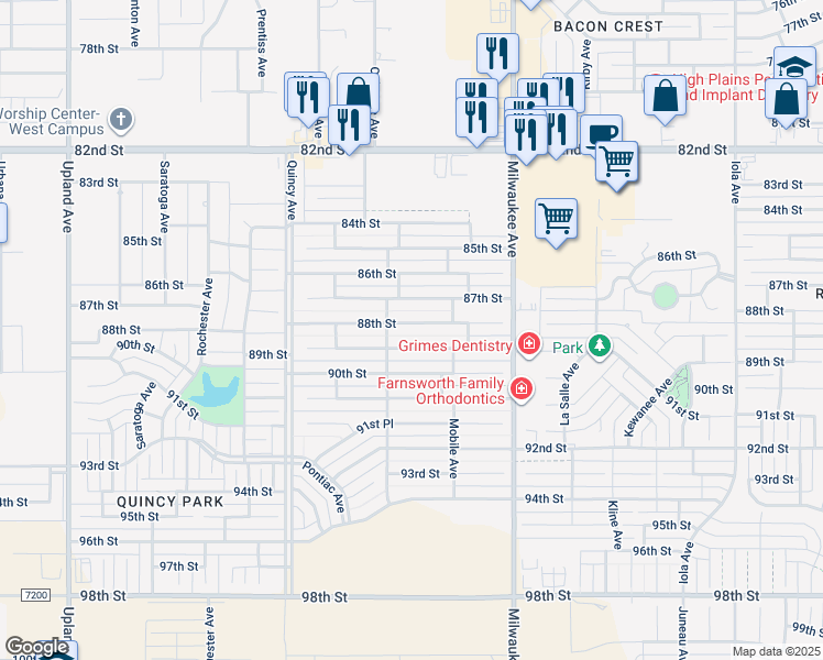 map of restaurants, bars, coffee shops, grocery stores, and more near 6545 88th Street in Lubbock