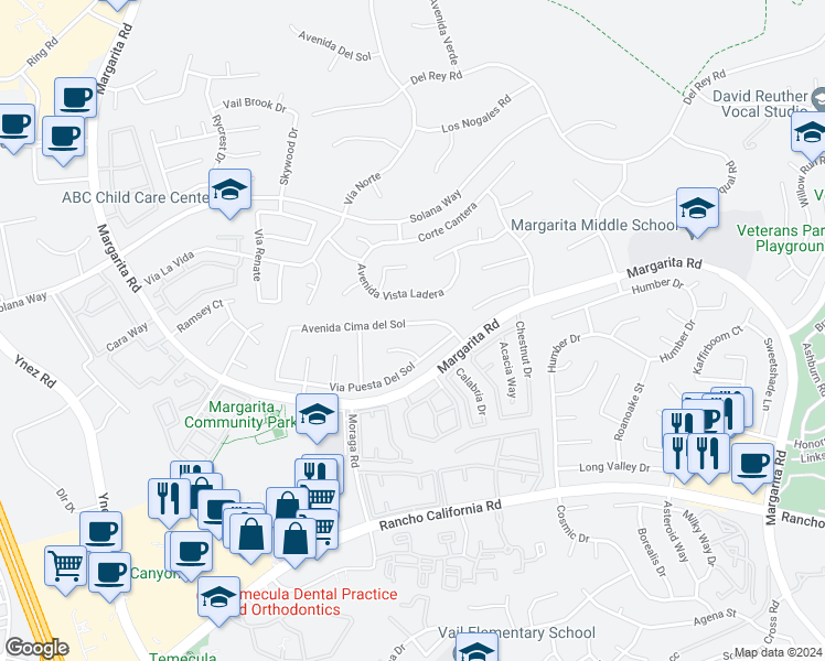 map of restaurants, bars, coffee shops, grocery stores, and more near 29941 Avenida Cima del Sol in Temecula