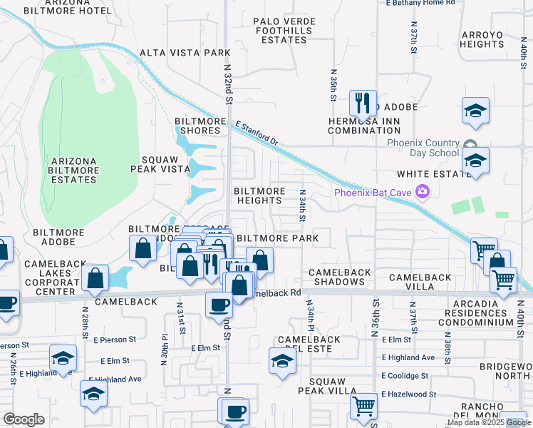 map of restaurants, bars, coffee shops, grocery stores, and more near 3239 East Oregon Avenue in Phoenix