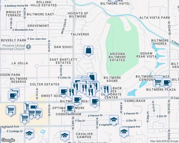map of restaurants, bars, coffee shops, grocery stores, and more near 2554 East Georgia Avenue in Phoenix