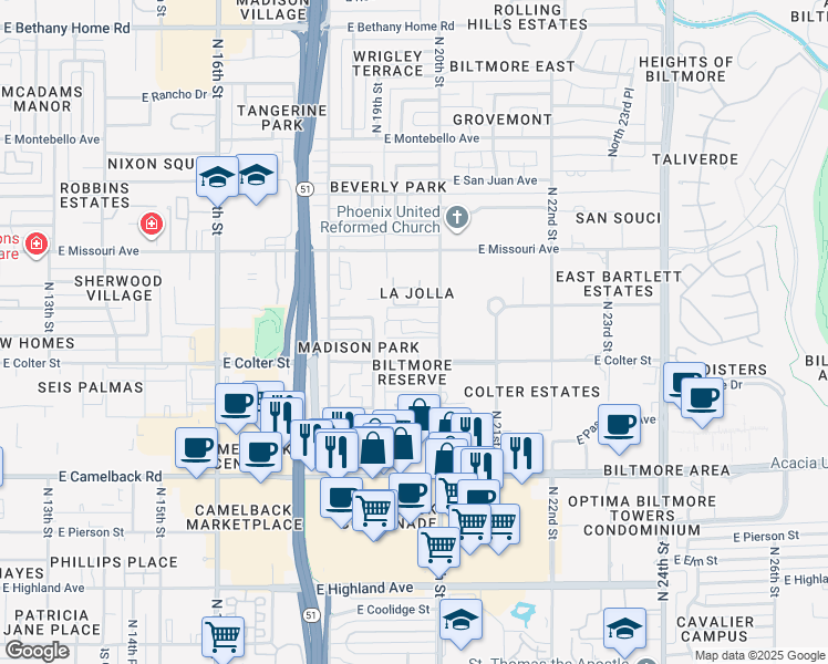 map of restaurants, bars, coffee shops, grocery stores, and more near 5250 North 20th Street in Phoenix