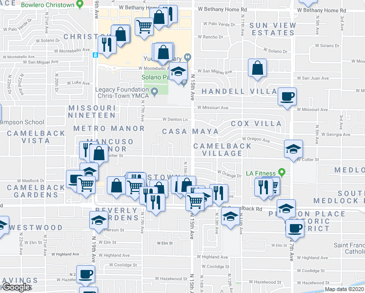 map of restaurants, bars, coffee shops, grocery stores, and more near 1518 West Colter Street in Phoenix