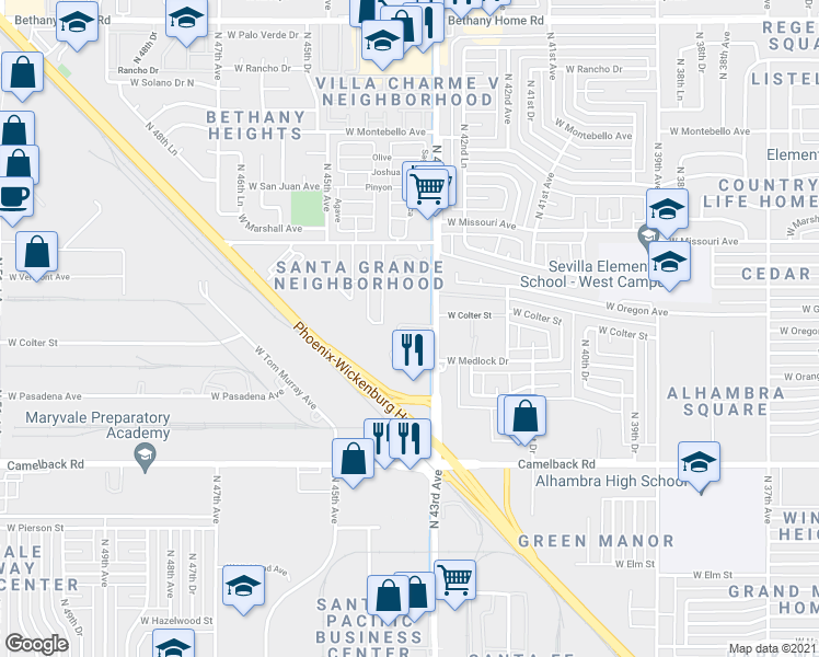 map of restaurants, bars, coffee shops, grocery stores, and more near 5310 North 43rd Avenue in Glendale