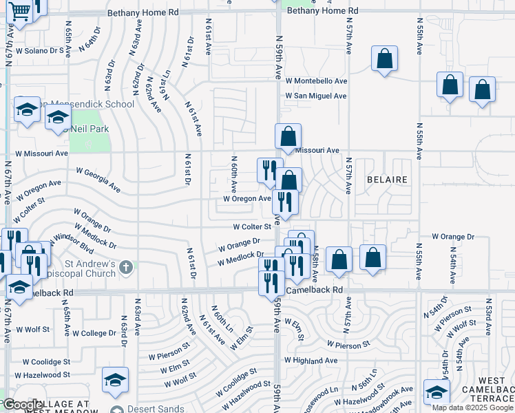 map of restaurants, bars, coffee shops, grocery stores, and more near 110 West Oregon Avenue in Glendale