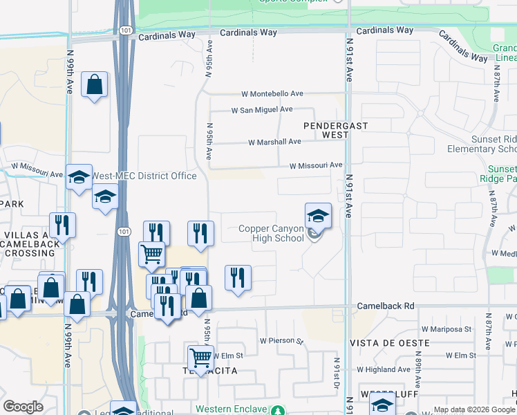 map of restaurants, bars, coffee shops, grocery stores, and more near 5454 North 93rd Avenue in Glendale