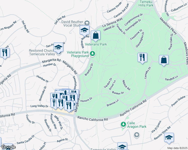 map of restaurants, bars, coffee shops, grocery stores, and more near 30919 Medinah Way in Temecula