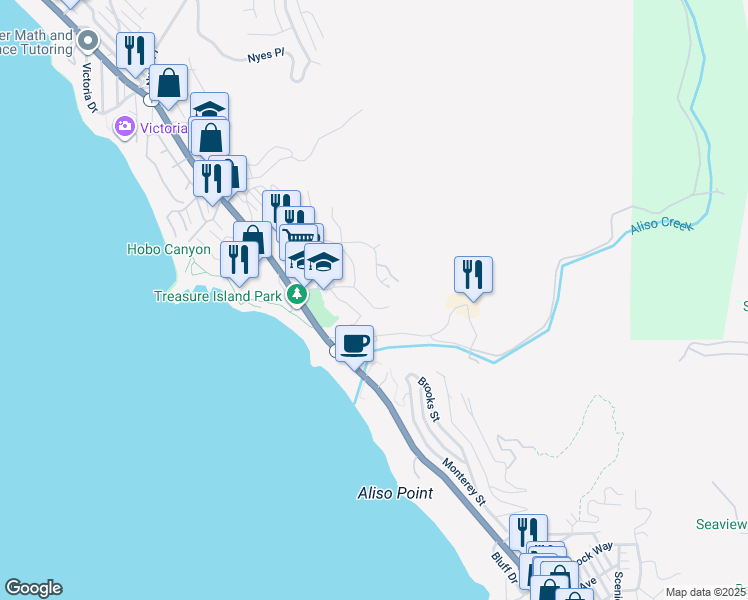 map of restaurants, bars, coffee shops, grocery stores, and more near 21731 Ocean Vista Drive in Laguna Beach