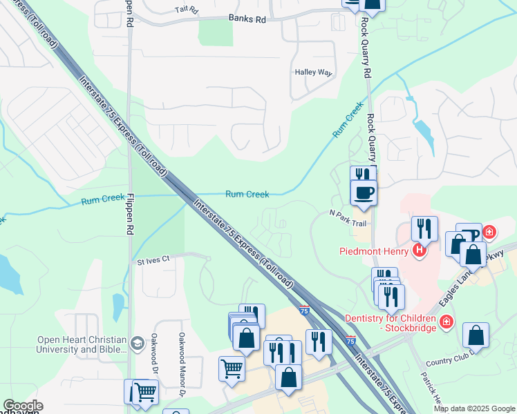 map of restaurants, bars, coffee shops, grocery stores, and more near 250 Evergreen Terrace in Stockbridge