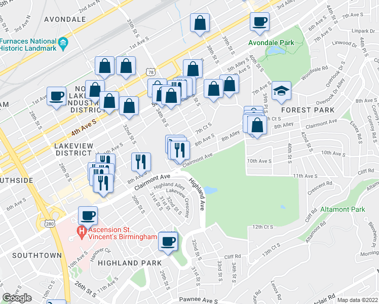 map of restaurants, bars, coffee shops, grocery stores, and more near 3415 7th Court South in Birmingham