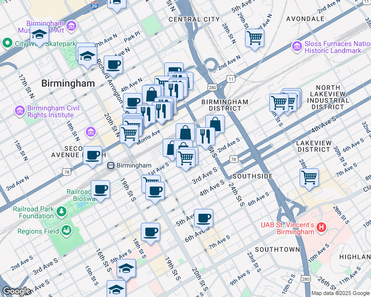 map of restaurants, bars, coffee shops, grocery stores, and more near 2200 Powell Avenue South in Birmingham