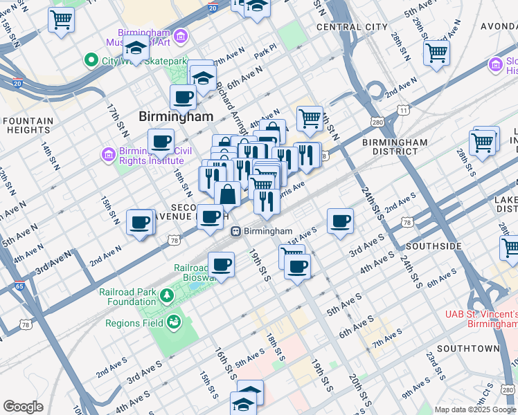 map of restaurants, bars, coffee shops, grocery stores, and more near in Birmingham