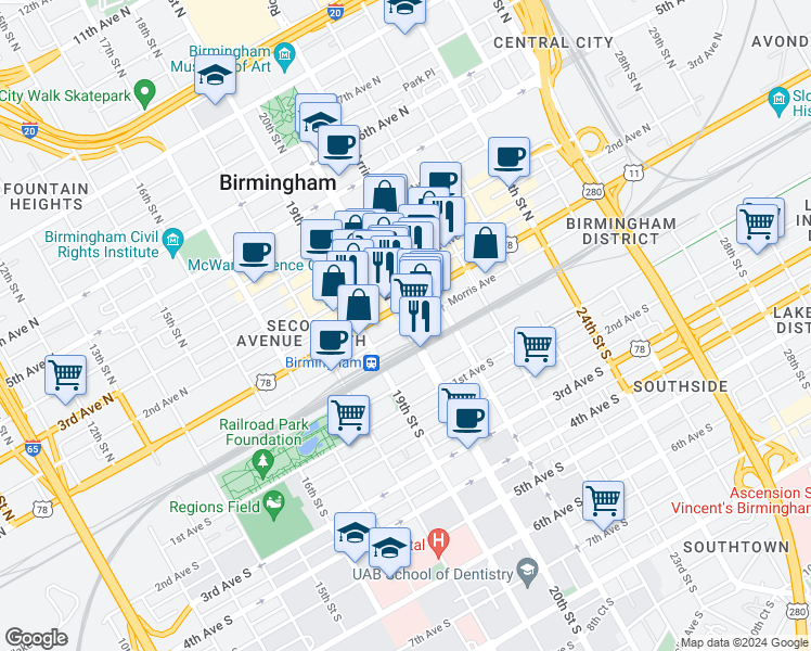 map of restaurants, bars, coffee shops, grocery stores, and more near in Birmingham