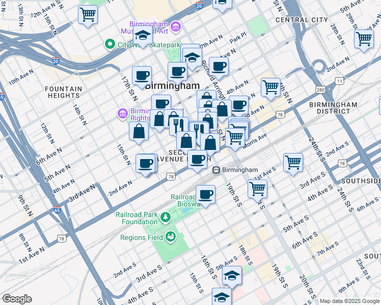 map of restaurants, bars, coffee shops, grocery stores, and more near 226 18th Street North in Birmingham