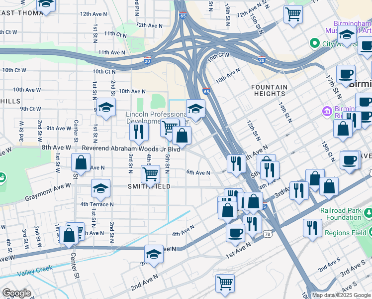 map of restaurants, bars, coffee shops, grocery stores, and more near 836 9th Street North in Birmingham