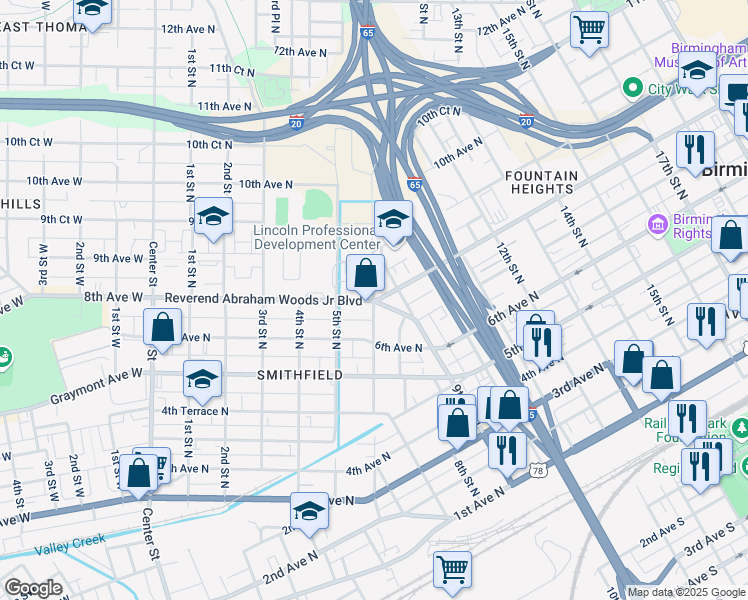 map of restaurants, bars, coffee shops, grocery stores, and more near 528 Reverend Abraham Woods Junior Boulevard in Birmingham