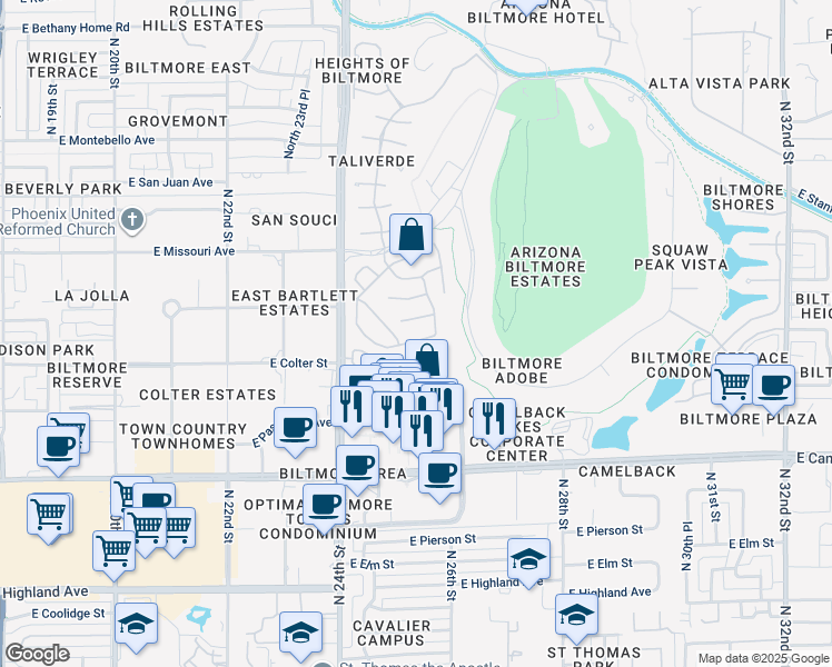 map of restaurants, bars, coffee shops, grocery stores, and more near 2554 East Georgia Avenue in Phoenix