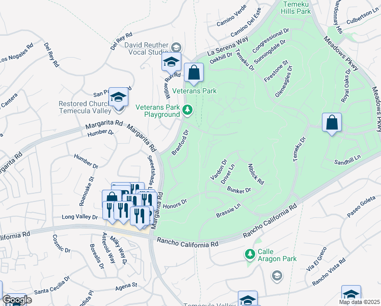 map of restaurants, bars, coffee shops, grocery stores, and more near 30919 Medinah Way in Temecula