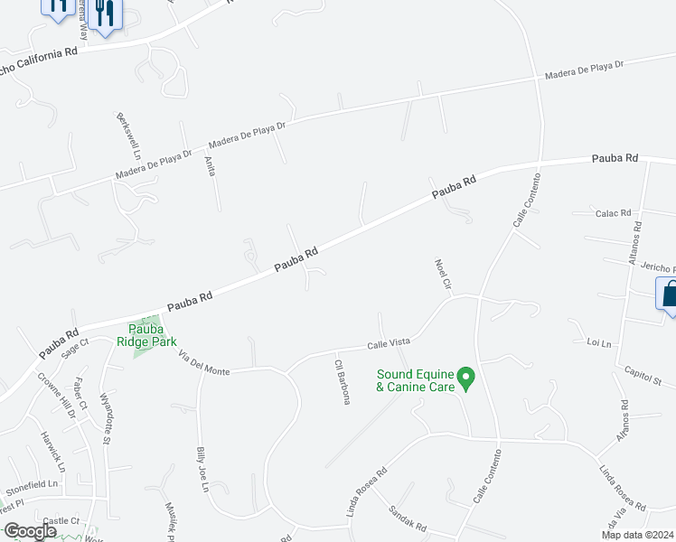 map of restaurants, bars, coffee shops, grocery stores, and more near 33905 Pauba Road in Temecula