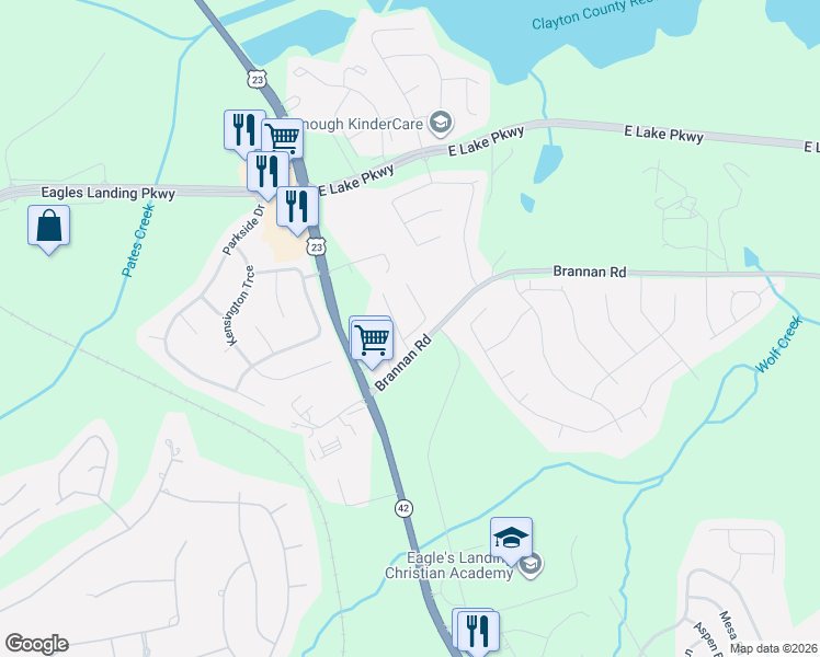 map of restaurants, bars, coffee shops, grocery stores, and more near 226 Brannans Walk in McDonough