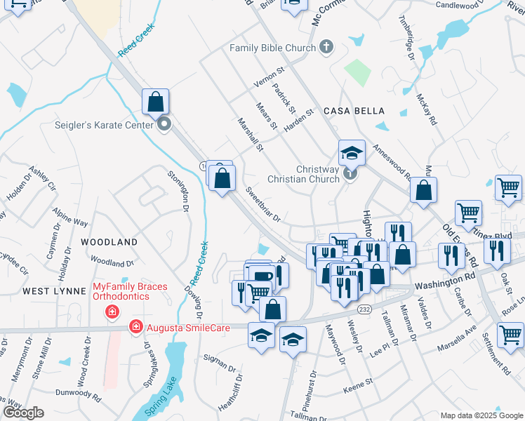 map of restaurants, bars, coffee shops, grocery stores, and more near 4044 Sweetbriar Drive in Martinez