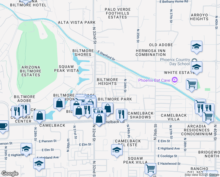 map of restaurants, bars, coffee shops, grocery stores, and more near 3239 East Oregon Avenue in Phoenix
