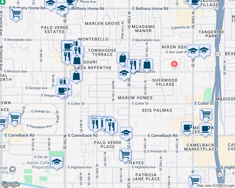 map of restaurants, bars, coffee shops, grocery stores, and more near 1123 East Georgia Avenue in Phoenix