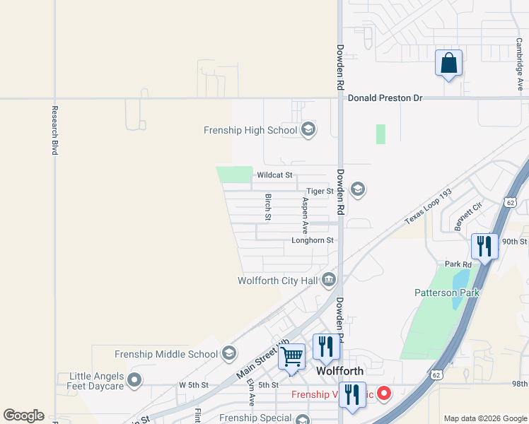 map of restaurants, bars, coffee shops, grocery stores, and more near 402 Birch Avenue in Wolfforth