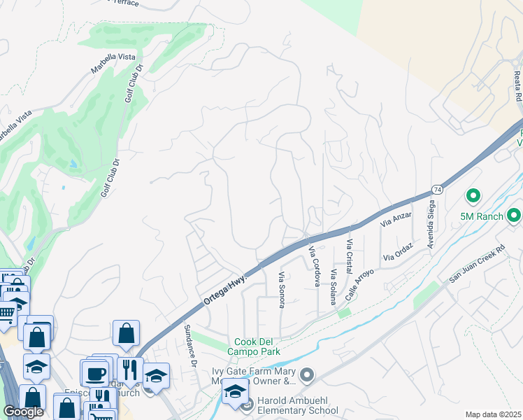 map of restaurants, bars, coffee shops, grocery stores, and more near 27946 Suffolk Ln in San Juan Capistrano