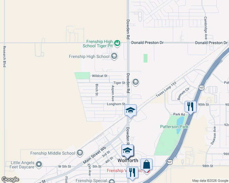 map of restaurants, bars, coffee shops, grocery stores, and more near 206 Sooner Street in Wolfforth