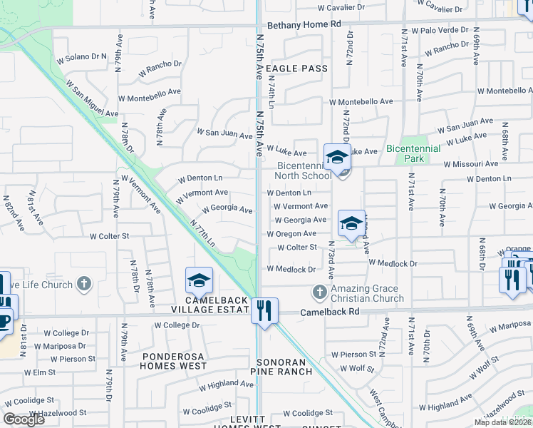 map of restaurants, bars, coffee shops, grocery stores, and more near 5238 North 74th Drive in Glendale