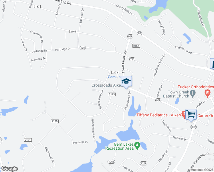 map of restaurants, bars, coffee shops, grocery stores, and more near 2606 Spring Valley Drive in Aiken
