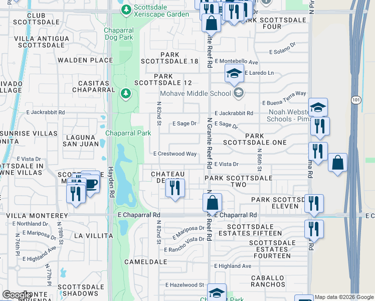 map of restaurants, bars, coffee shops, grocery stores, and more near 8320 East Plaza Avenue in Scottsdale
